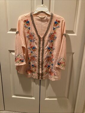 Soft Surroundings Peach Embroidered V-Neck Tunic with Bead Trim